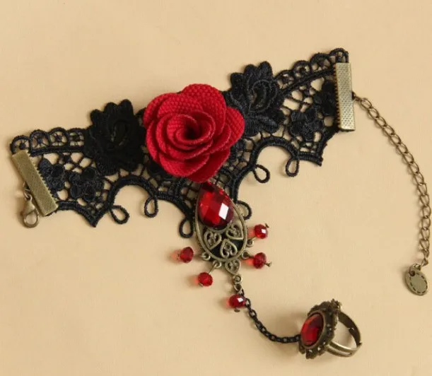 Горячая новинка ретро кружева красные розы из металла браслет большой красный кристалл ювелирные изделия с бриллиантами для женщин