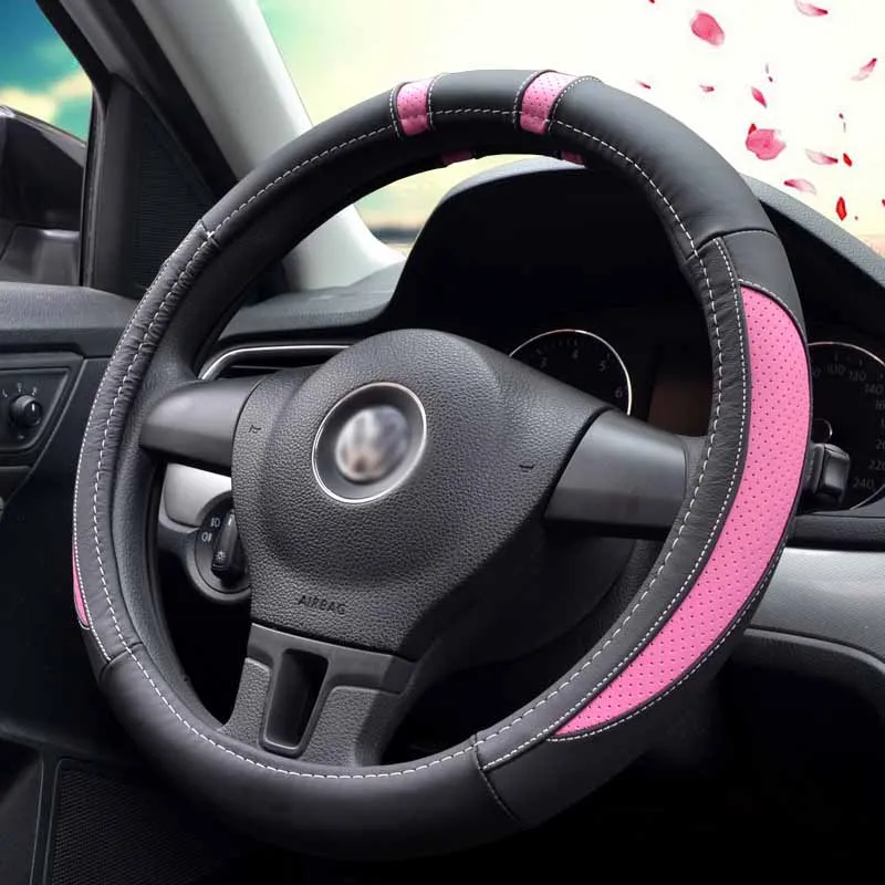 Спортивный кожаный чехол рулевого колеса автомобиля авто-Стайлинг, не оставляет запаха Диаметр 35/36/37/38/39/40 см, а также для D Форма Диаметр 5 видов цветов - Название цвета: 39cm pink