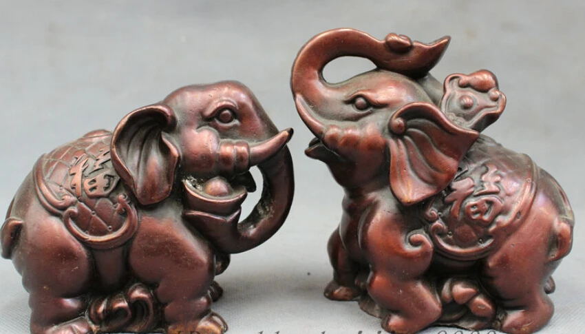 

JP S0114 Chinese Pure Bronze Folk Animals RuYi YuanBao Strong Fu Elephant Statue Pair B0403