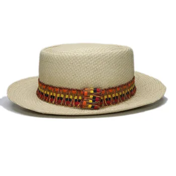 

Big Size Women Men Summer Fashion Raffia Straw Pork Pie Pork-pie Sun Hat Beach Boater Cap Ethnic Style Knitted Band 57-60cm