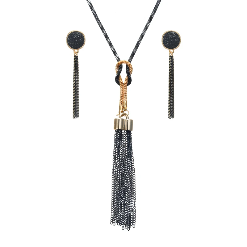 

Vintage Black Long Tassel Necklace Pendant for Women Female Winter Sweater Chain Accessories Collares Statement Necklace Jewelry