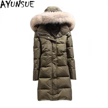 Женский длинный пуховик с натуральным мехом, тонкий теплый женский пуховик на белом утином пуху, куртка-пуховик, женские зимние куртки, парка Mujer ST452
