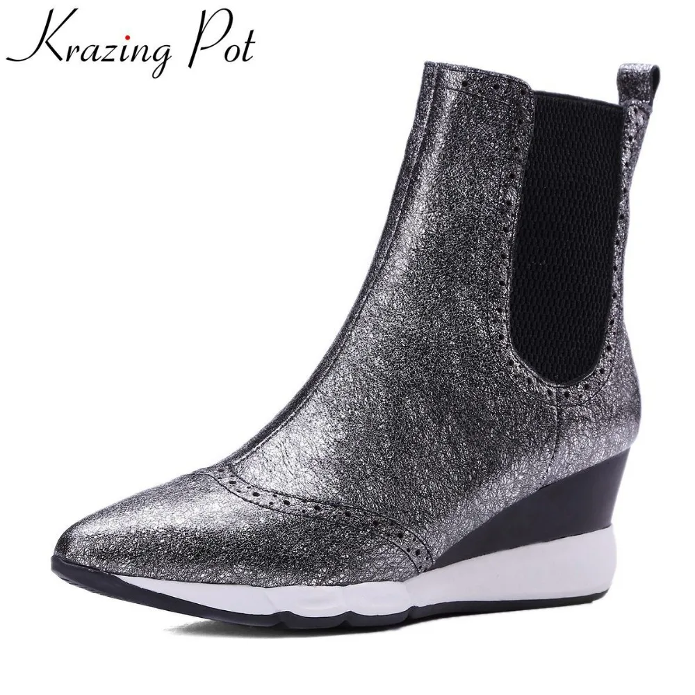 

Krazing Pot 2018 fashion genuine leather pointed toe slip on wedge winter boots casual runway nightclub women Mid-Calf boots L26