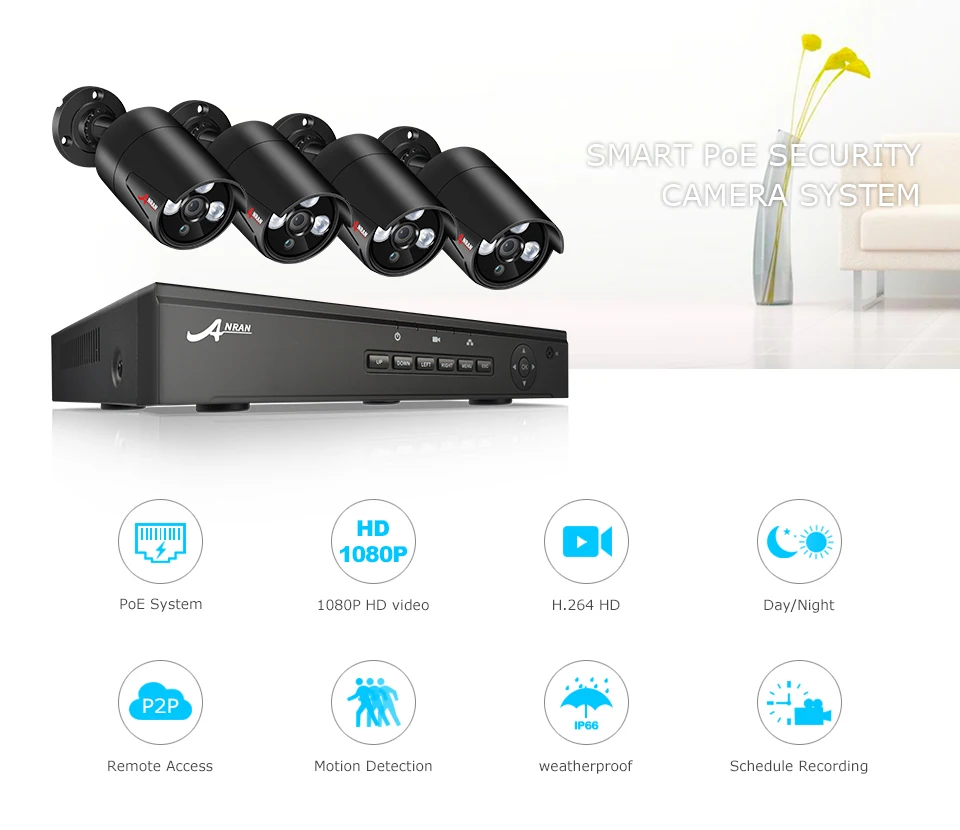 ANRAN CCTV камера система POE 4CH NVR комплект 48 В Onvif 1080P камера безопасности Система HD IP Камера уличная система видеонаблюдения