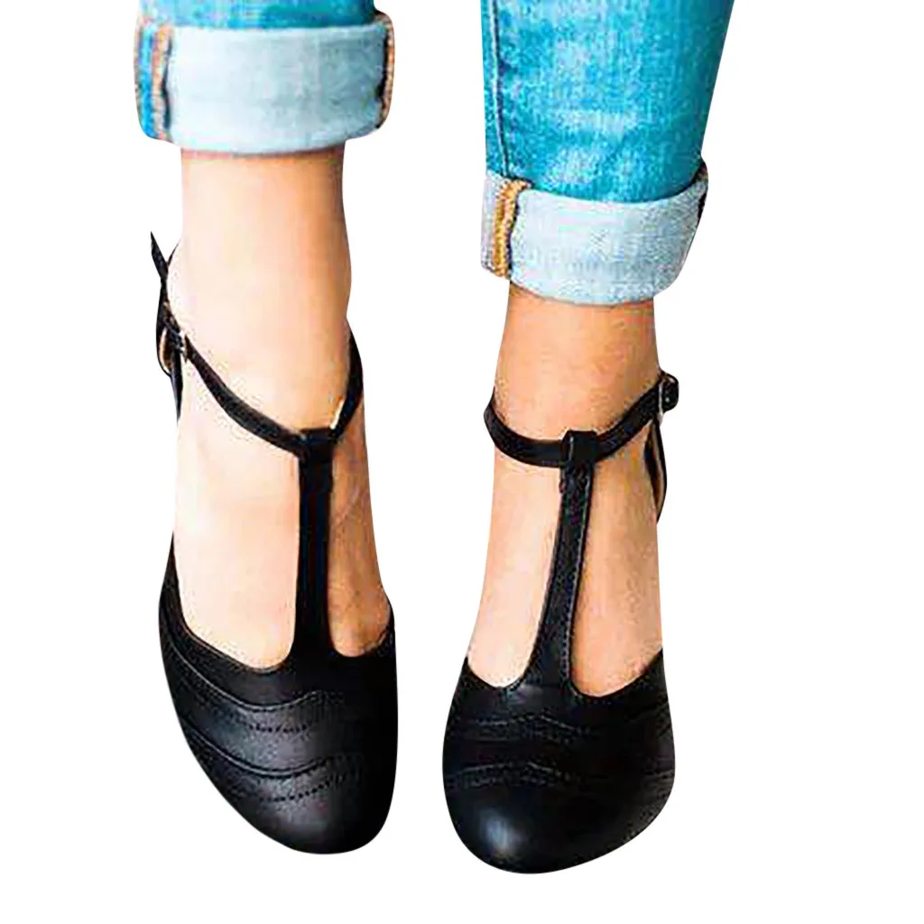 

KLV Womens Sexy Working Pumps Thick Heel Shoes Ladies Elegant T Type Buckle Straps Sandals Shoes Female Sandals Sandalen Dames