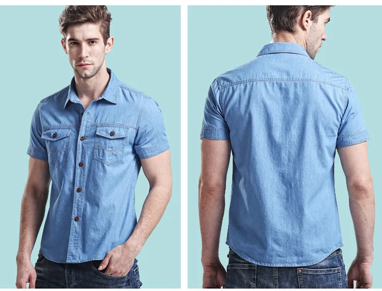 Брендовая Летняя джинсовая рубашка, мужские повседневные рубашки размера плюс M-5XL, Повседневная джинсовая мужская рубашка с коротким рукавом из хлопка