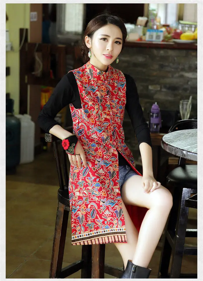 Woman Vest New Arrival Chinese Style Women Sleeveless Jacket Vintage Print Long Slim Ethnic Waistcoat Cotton Linen Tops f1073