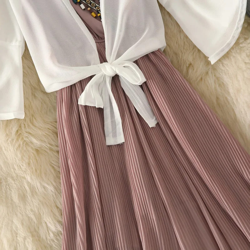 2019 Новое лето, богемный стиль, костюм, женское платье с кружевом шифоновый комбинезон + Тонкая Шаль, кардиган, пальто, пляжный комплект для