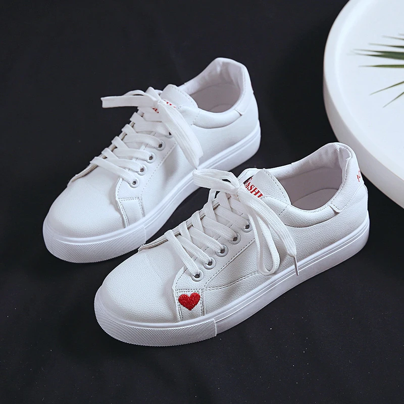 Women White Sneakers Heart PU Leather Shoes Women Casual Flats Lace up ...