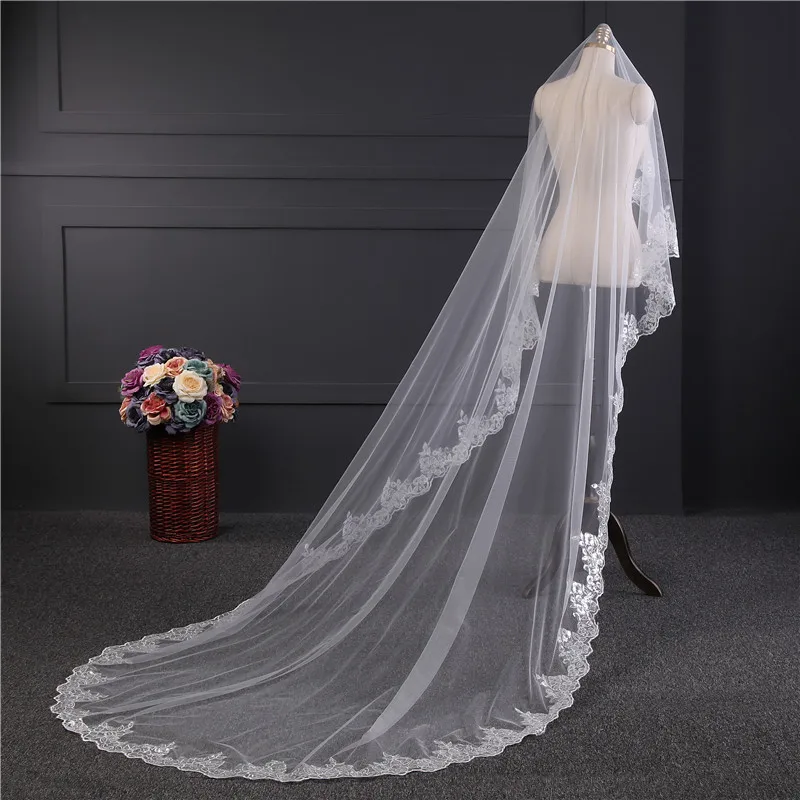 3M Ivory Cathedral Wedding Veil Long With Combe One Layer Lace Edge White Bridal Veil Women Wedding Accessories,Ivory,300cm