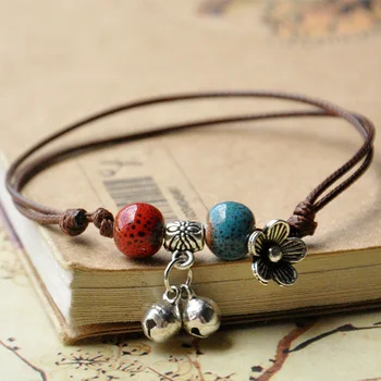 

30 pieces/lot Flower Charm Bracelets Ceramic Beads Bell Anklet Chain Weave Rope Cuff Bangles Wristbands Women Jewelry