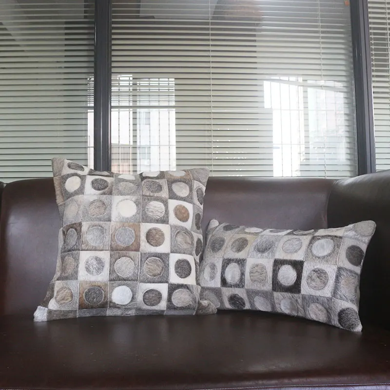 

Square cowhide fur pillow cushion with core , natural color hand made real cow leather throw for furniture upholstery 45*45cm