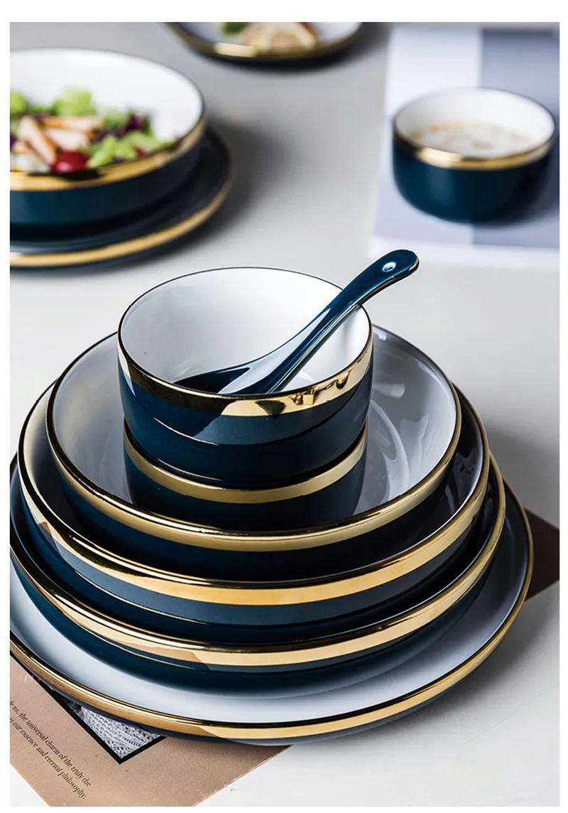 NIMITIME Европейский стиль Керамическая инкрустация чернил посуда набор тарелок Бытовая чаши для риса и супа миски Тарелка суповая ложка, столовые приборы