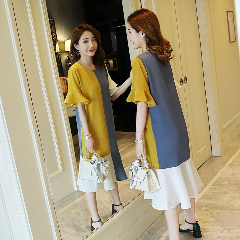 

2019 summer Korean version of the large size contrast color fashion long pregnant women fishtail dress pregnancy skirt