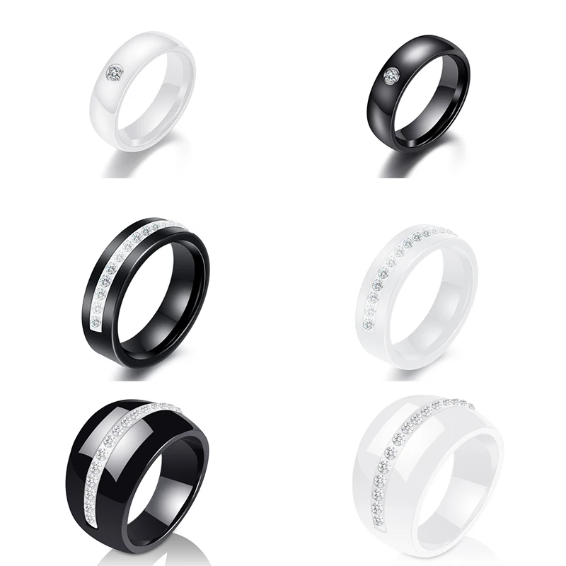 

New Fashion Simple Atmosphere Black White Color Ceramic Ring Female Crystal Wedding Ring, Size 6-9 DIY Men's Gift