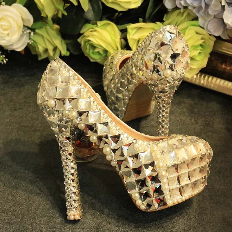 Women Wedding Silver Shoes Crystal Pearl Bridal Party Pumps Fashion Super High Thin Heel Platform Sexy Ladies Shoes Round Toe Women Wedding Silver Shoes Crystal Pearl Bridal Party Pumps Fashion Super High Thin Heel Platform Sexy Ladies Shoes Round Toe