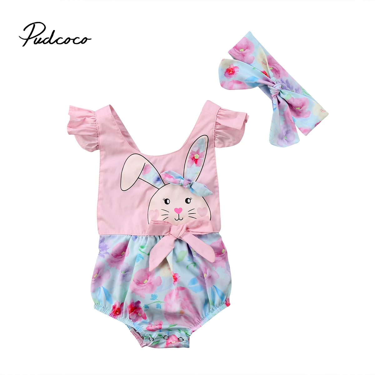 

Pudcoco 2PCS Baby Girl Easter Ruffle Jumpsuit Rabbits Bodysuit Sleeveless Bodysuit Headband Set Outfit Clothes