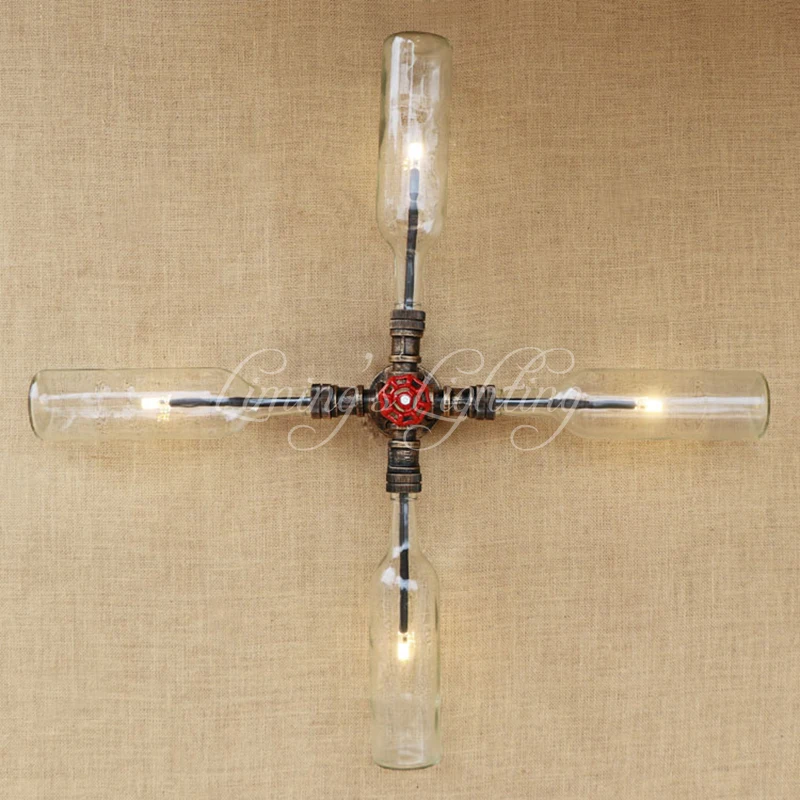 Vintage Industrial Led Wall Lamp 4 Lights Bottle Glass Iron Rust Cross Shap Water Pipe Wall Light Living Room Bedroom Restaurant