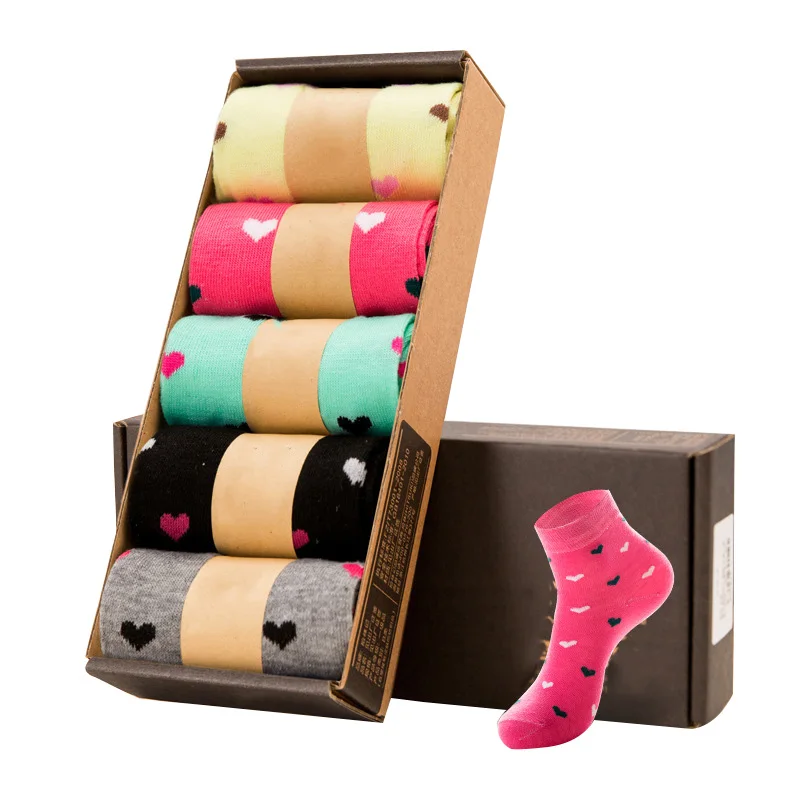 Buy 5 Pairs Women Gift Box Sock Cute Candy Color Love Heart Dots All match