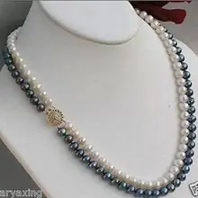 Натуральный 2 Ряд 7-8 мм белый и черный жемчуг ожерелье 17-18"