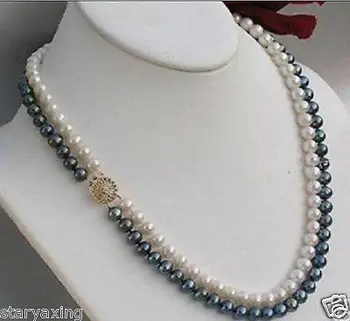 Natural 2Row 7-8MM WHITE & BLACK PEARL NECKLACE 17-18"