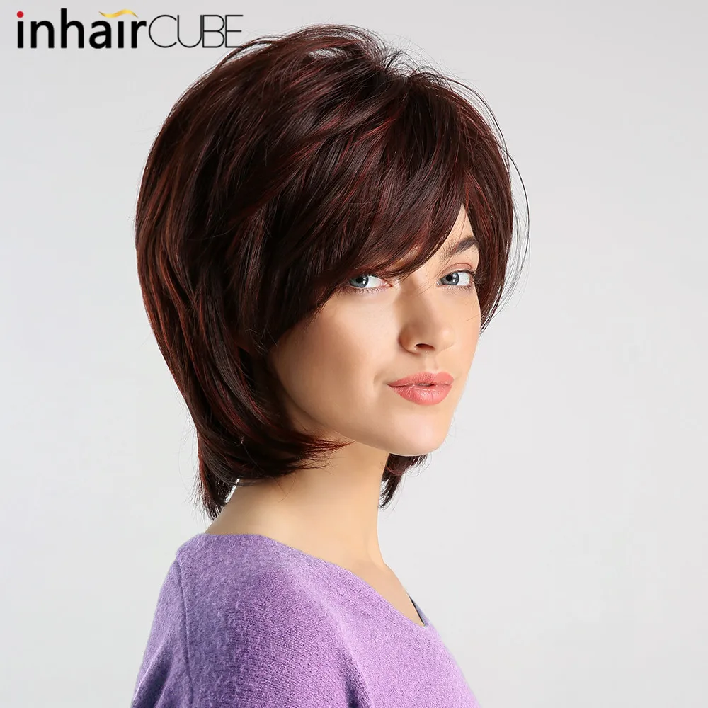 Inhaircube sintético inclinado flequillo Peluca de mujer rojo vino con relieve de pelo corto recto Bob pelucas Cosplay Auburn peinado