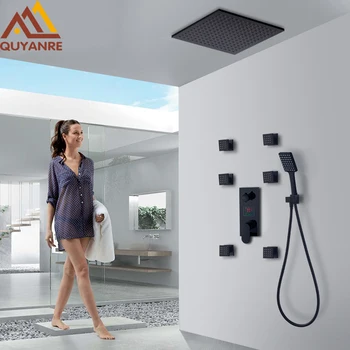 

Quyanre Black Digital Shower Faucets Set Rainfall Shower 6pcs Massage Spa Jets 3-way Digital Display Mixer Tap Bathroom Shower