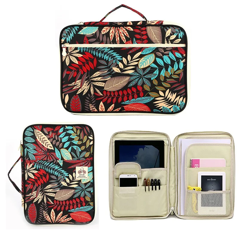 

Large Capacity Leaves Print Multifunctional A4 Documents Storage Bag Ziper Waterproof Briefcase Hand Bag For Ipad