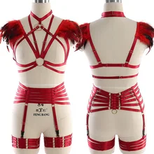 Набор ремней для тела для женщин красный Ангел крылья бюстгальтер с перьями Asphyxia жгут раба для Хэллоуина, для клуба вечерние танцы фестивальный рейв одежда