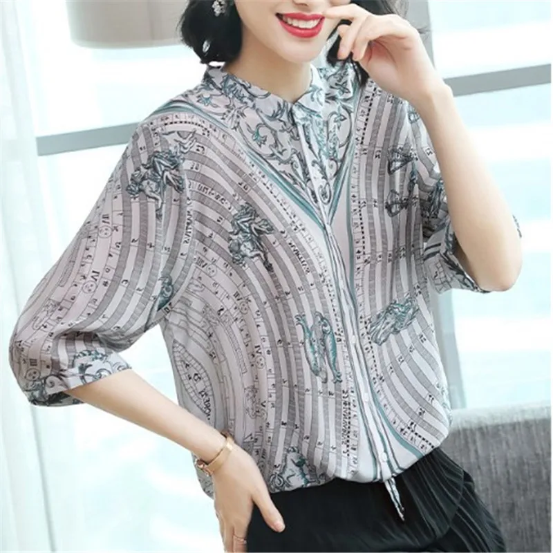 

New Print Floral Womens Top And Blouses Spring/Summer 2019 Blouse With Chiffon Bow Tie 3/4 Female Office Work Casual Wear Basic