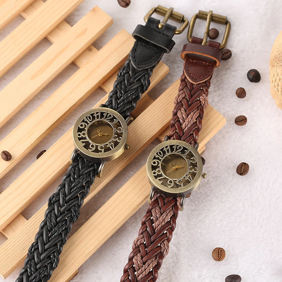 Bohemian Style Lady's Watches Handcraft Black Knitted Leather Watch Band Hollow Arabic Numerals Skeleton Casual  Bracelet Gift (24)