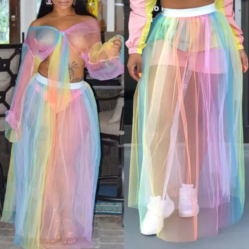 

Fashion Women's Rainbow Striped Lace Tutu Skirts Sundress Ladies Summer Mesh High Waist Skirt Sheer Net Tulle Pleated Maxi Skirt