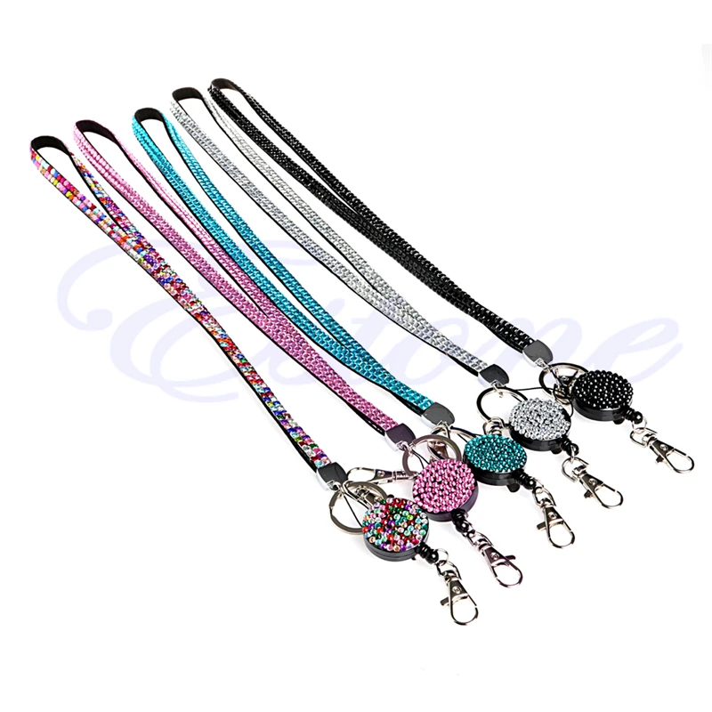 ALL in ONE Rhinestone Lanyard Bling Crystal Necklace with Keyring for Business Id Badge/Card Holders/Key/Cell Phone Blue