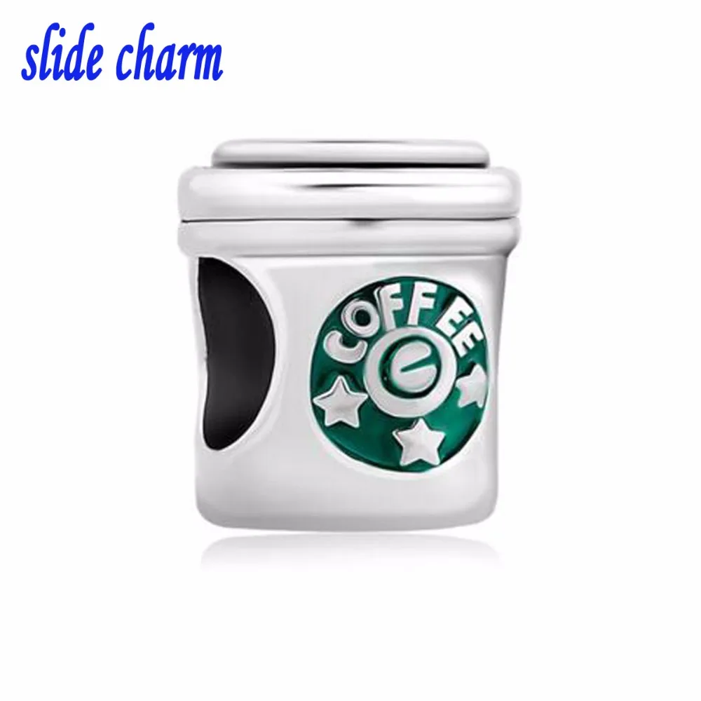

slide charm Free shipping Unique personality fashion gift green enamel coffee cup charm beads fit Pandora bracelet