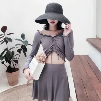 

Swimsuit With Cups Maillot Femme New May Female Beach Free Shipping High Waist Skirt Women Leisure Long Sleeve Arm Bosom Smoke