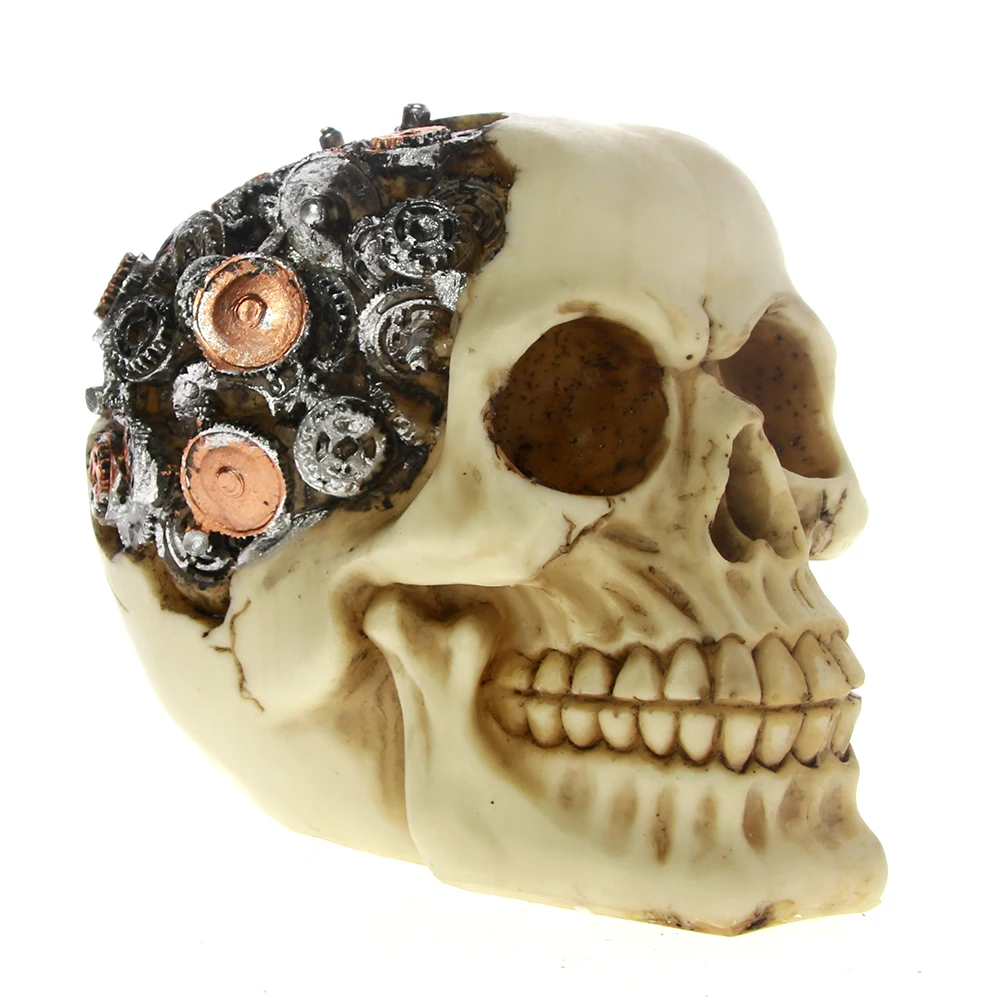 

1Piece Cyborg Gear Skull Nail Head Skeleton Figurine Resin Statue Steampunk Skull With Gear Brain Halloween Decor