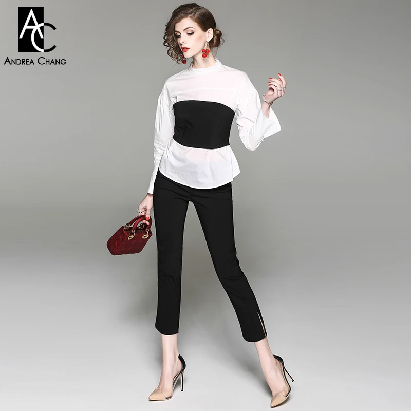 autumn spring woman clothing set white shirt + strapless black vest + slim  black pants fashion office lady three-piece suit set _ - AliExpress Mobile