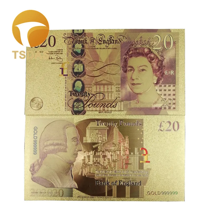 Великобритания 20 фунтов цветной золотой фольги банкноты двойной дизайн Великобритании 24 к позолоченные банкноты 10 шт./лот