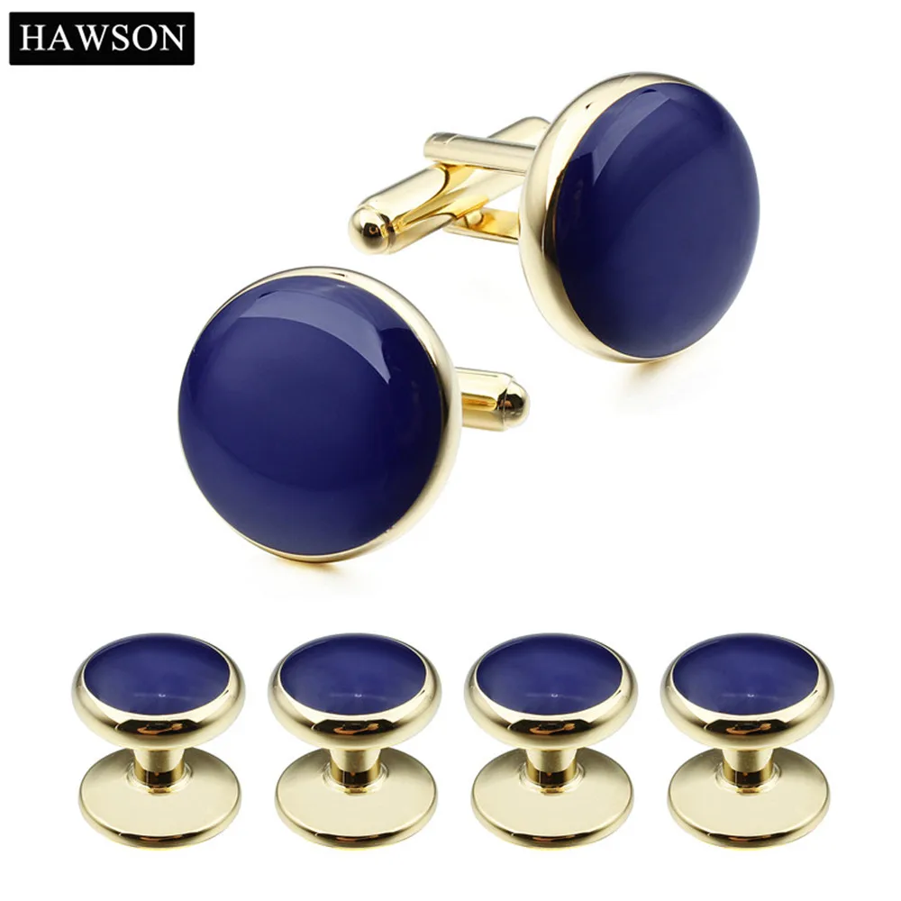 

HAWSON Brand Classical Gold-Color Plated Blue Enamel Cufflinks Studs Set for Tuxedo Shirt with Box