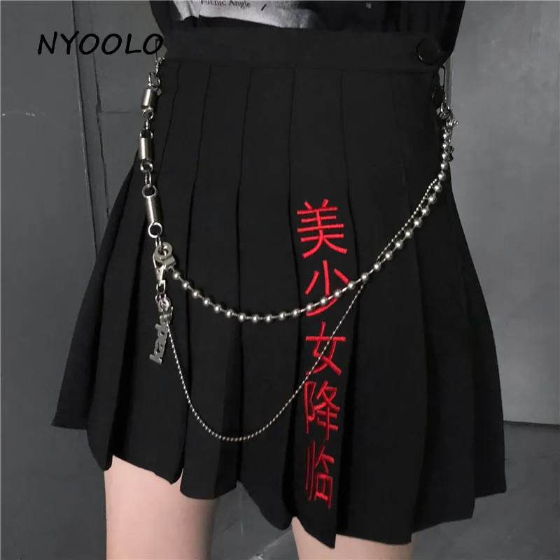

NYOOLO Harajuku design Beautiful girl advent letters embroidery high waist pleated skirt Summer street A-line mini skirt women