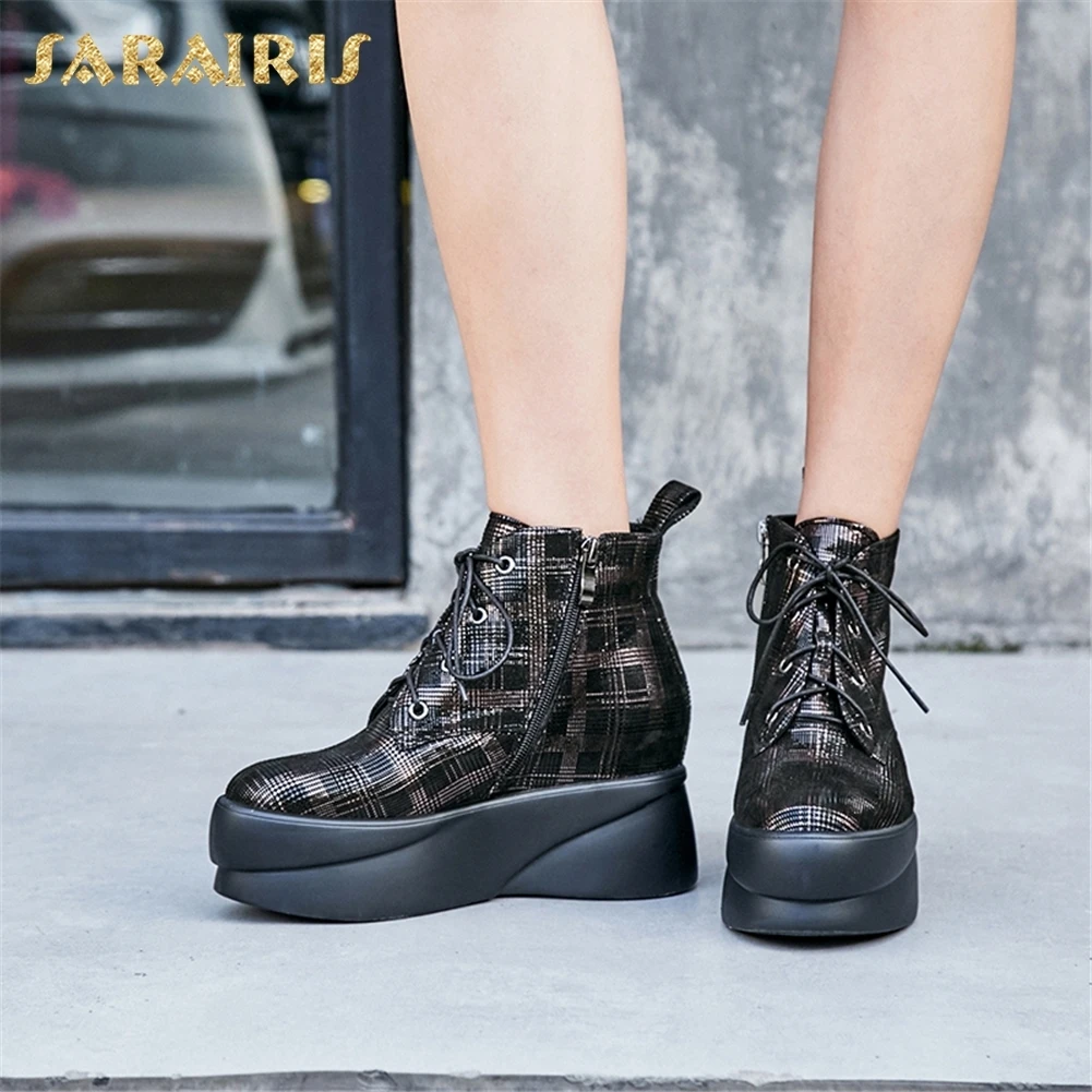 

SARAIRIS New Genuine Leather Zip Up Platform Boots Woman Shoes Increasing Heels Shoes Woman Ankle Boots Size 34-39