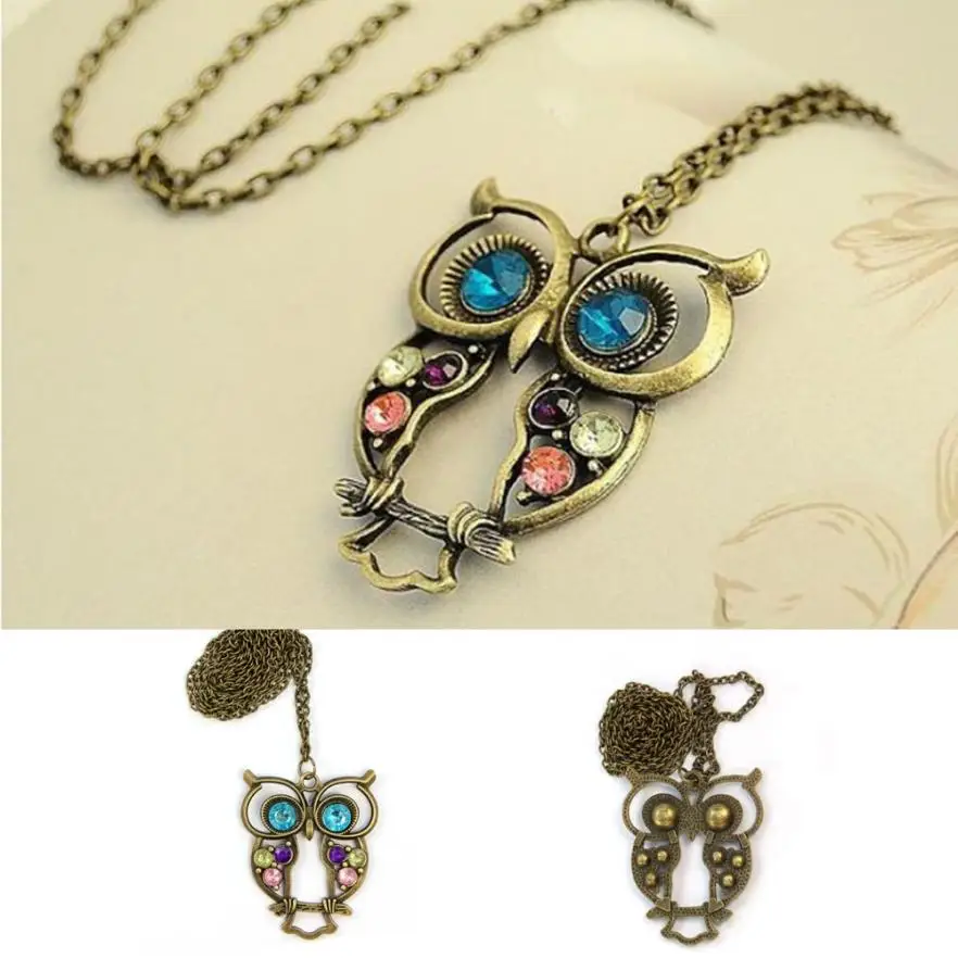 

Best seller Fashion Lady Crystal Big Blue Eyed Owl Long Chain Pendant Sweater Coat Necklace collar escudo Dropship 2018 Jun13