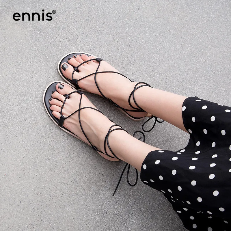 

ENNIS 2019 Flat Sandals Flip Flops Shoes Gladiator Sandals Women Cross Tied Shoes Genuine Leather Lace Up Sandals Designer S974