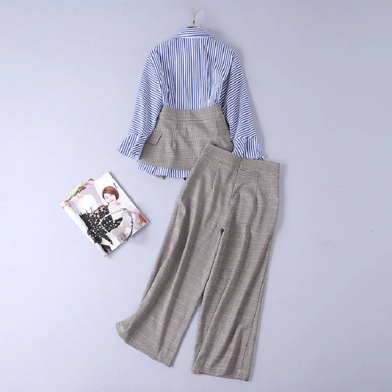 Top Quaity New Designer Set Clothing Women Sequined Tops Striped Shirt+Vintage Plaid Mini Skirt+Wide Leg Pants & Capris Set 3pc Women's Sets