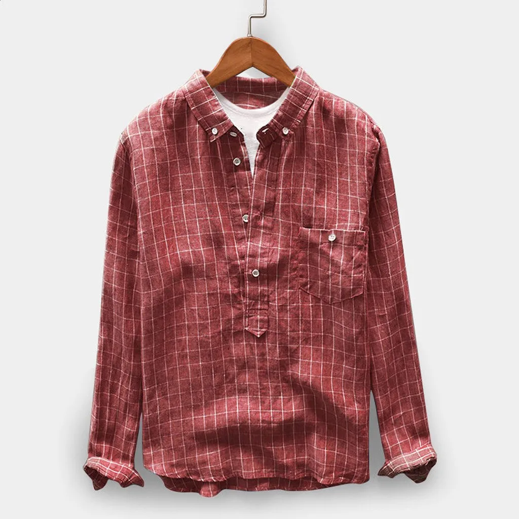 Мужская рубашка с длинным рукавом, Ретро стиль, в клетку, с длинным рукавом, Мужская блузка, Camisa, повседневная, на пуговицах, с карманом, с отложным воротником, рубашки, Camisa masculina - Цвет: Red