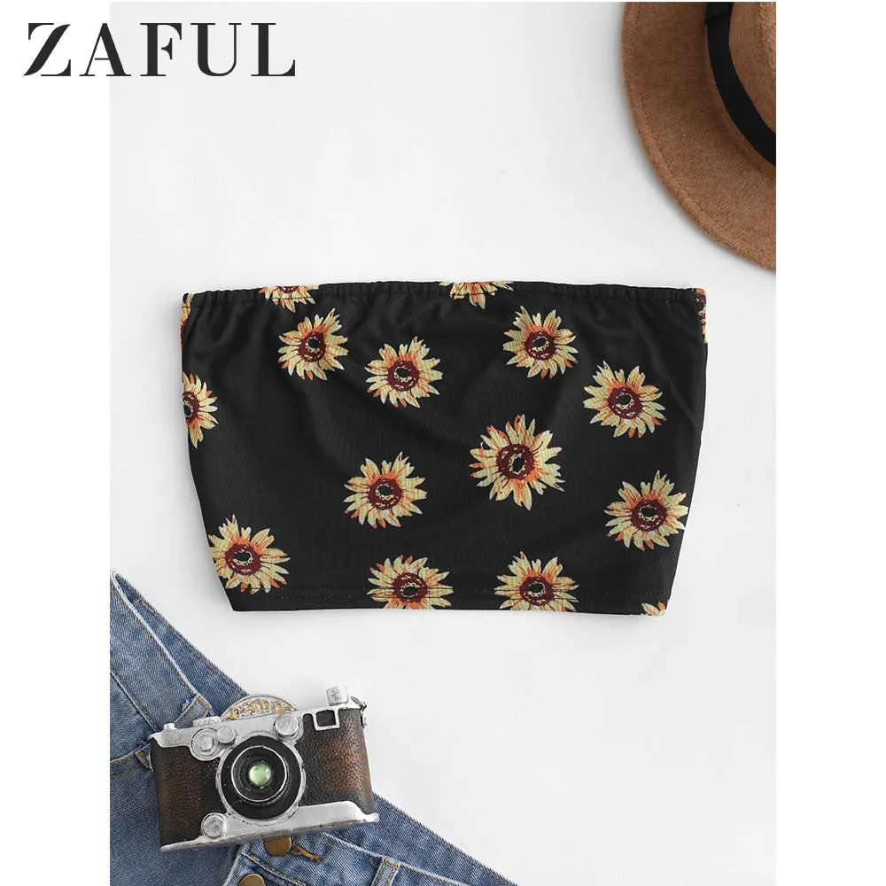 ZAFUL Цветочный Топ Бандо Без Бретелек Рукавов Короткие Рубашки Женские Каникулы