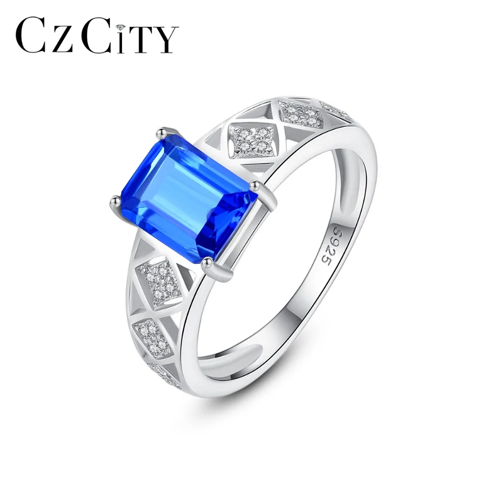 

CZCITY Gorgeous 925 Sterling Silver Rectangle Sapphire Engagement Rings for Women Mystic Cutting Bridals Wedding Rings Jewelry