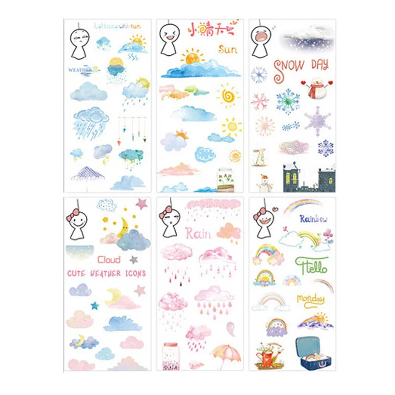 

6 Sheet PVC Stationery Stickers Weather Sunny Snowy Cute Diary Planner Scrapbooking DIY Label School Office Supplies for Kids