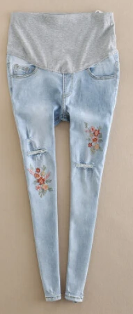 Джинсовые джинсы для беременных с вышитыми цветами светло-голубые рваные узкие брюки для беременных Одежда для беременных женщин - Цвет: Синий