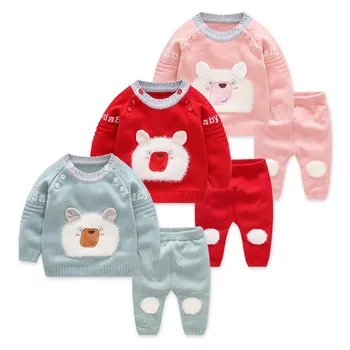

Newborn Sets 2019 New Knitted Sweater Girls Set Casual Cartoon Pattern Pullover + Pants 2 Sets Kids Infant Top Clothes Boys Suit